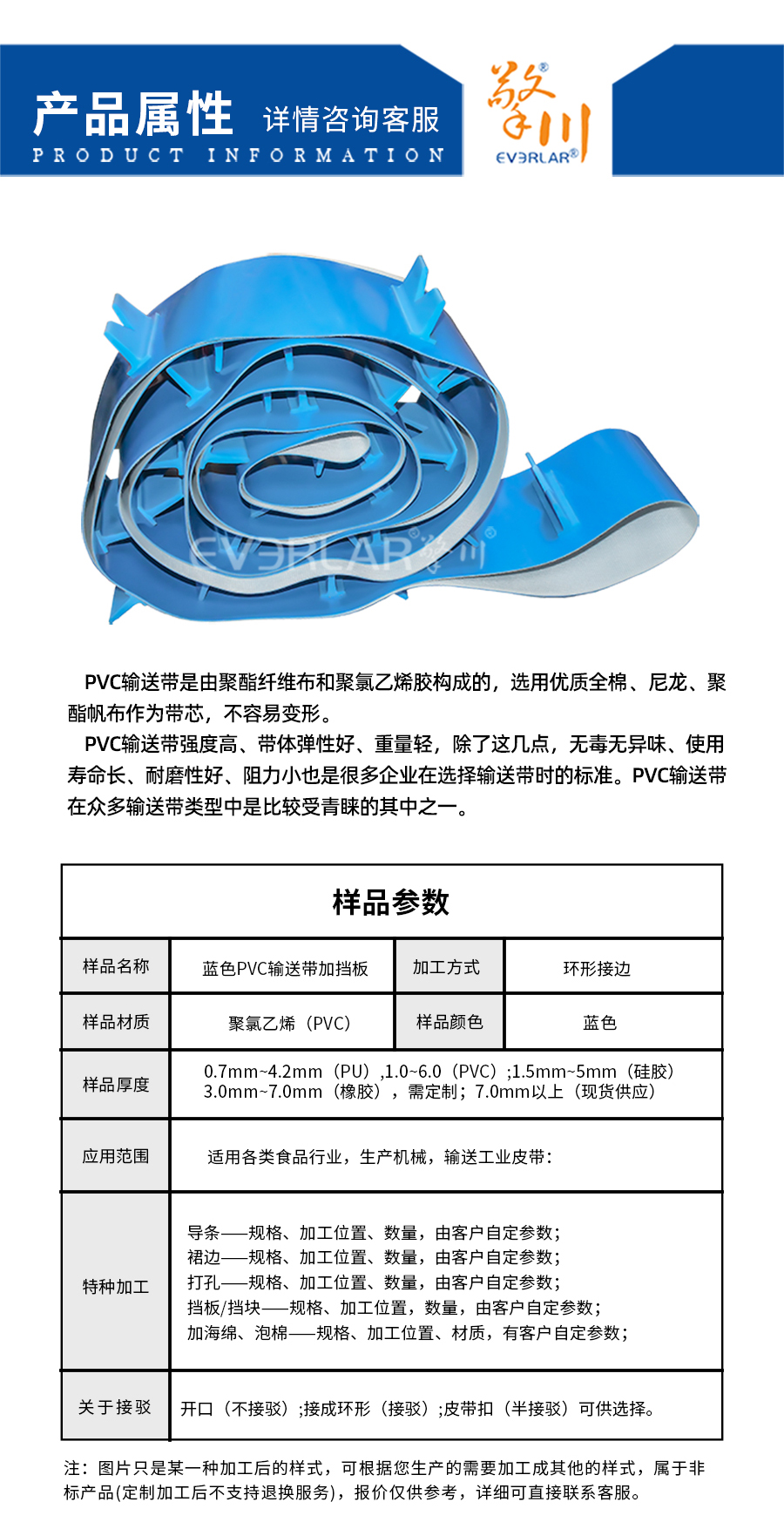 藍(lán)色PVC<a href='http://dsjvvrk.cn/shusongdai/' target='_blank'><u>輸送帶</u></a>加擋板